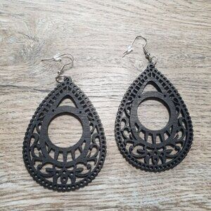 Black Filigree Teardrop Wooden Dangle Earrings Women Costume Fashion Hook Backs